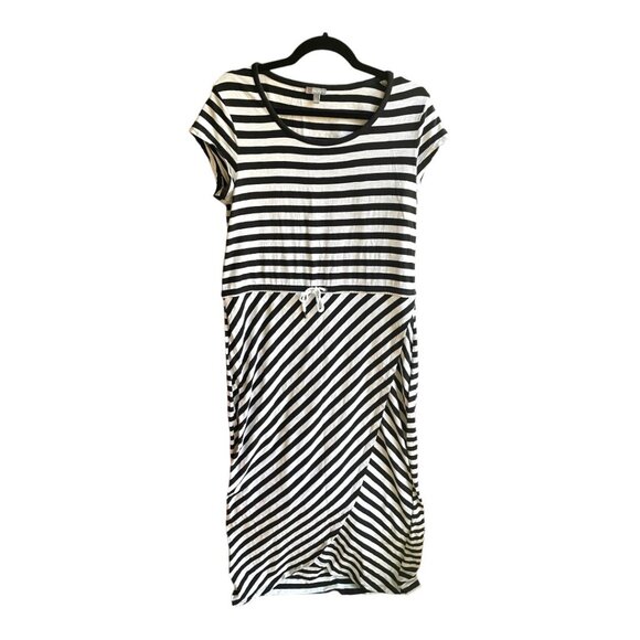 T by Talbots Size LP Black & White Scoop Neck Short Sleeve Midi Striped Dress - Picture 2 of 7